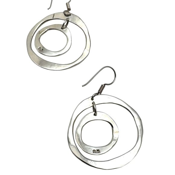 Hammered Sterling Silver Dangle Earrings Wavy Double Circle Design Vintage - Picture 7 of 8